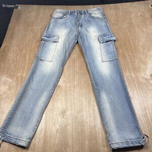 MNML Jeans Mens Size 31x34 Blue Cargo Light Wash Drawstring Denim Pants